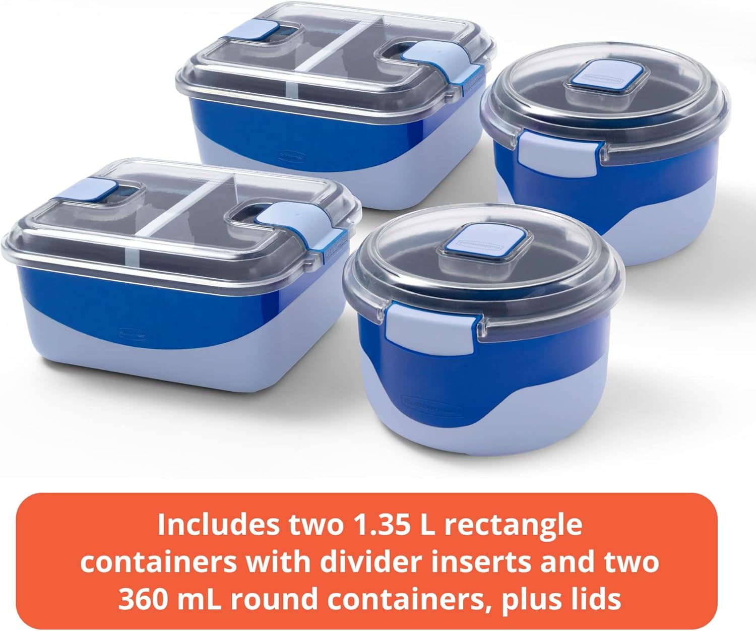 Rubbermaid Pack & Go Microwavable Set With Two 1.35 L Container with Divider Insert and Two 360 mL Round Containers, Leakproof Meal Prep Containers