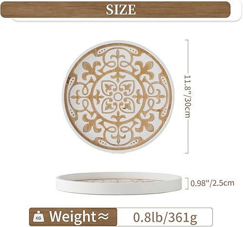 Miniatura 5 de Hanobe Bandeja decorativa para mesa de café bandejas redondas de madera para decoración del hogar, estilo bohemio, centro de mesa rústico de granja