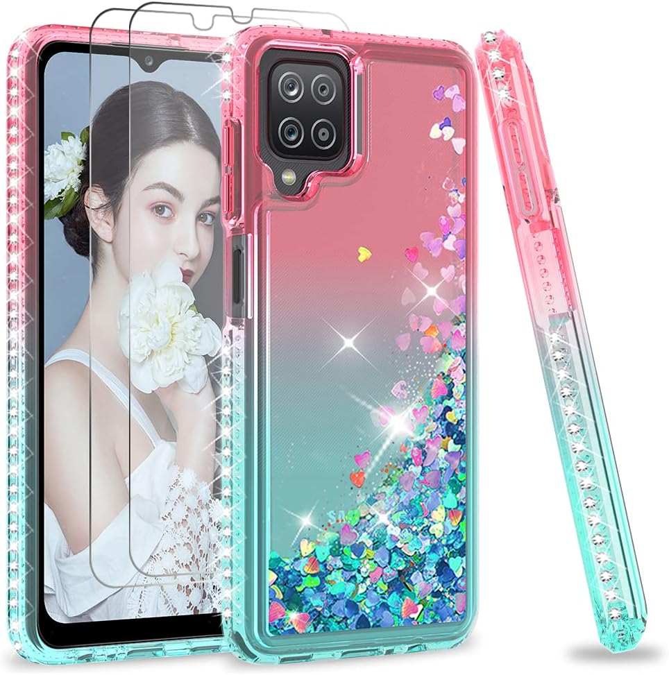 LeYi Compatible with Samsung Galaxy A12 Case with [2 Pack] Tempered Glass Screen Protector for Girls Women, Glitter Diamond Clear Phone Case for Samsung A12, Gradient Pink/Teal
