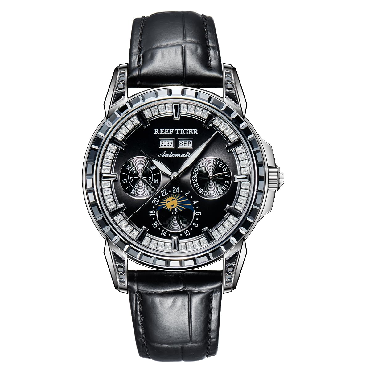 Luxury Complete Calendar Mechanical Automatic Watch for Men Analog Crystal Bezel Luminous Leather Classic Watches RGA1988