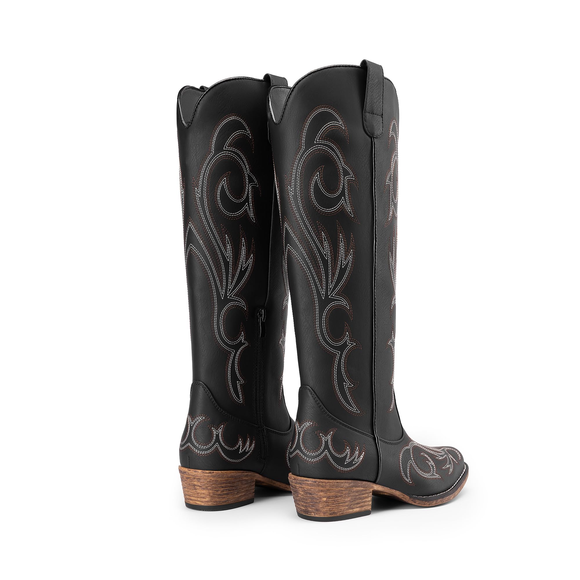DREAM PAIRS Damen Kniehohe Westernstiefel Cowboy-Stiefel | Feine Stickerei, Halber Reißverschluss, Anziehlasche, Bequeme Decksohle, 4cm Absatz, Vielseitig & Mühelos Kombinierbar