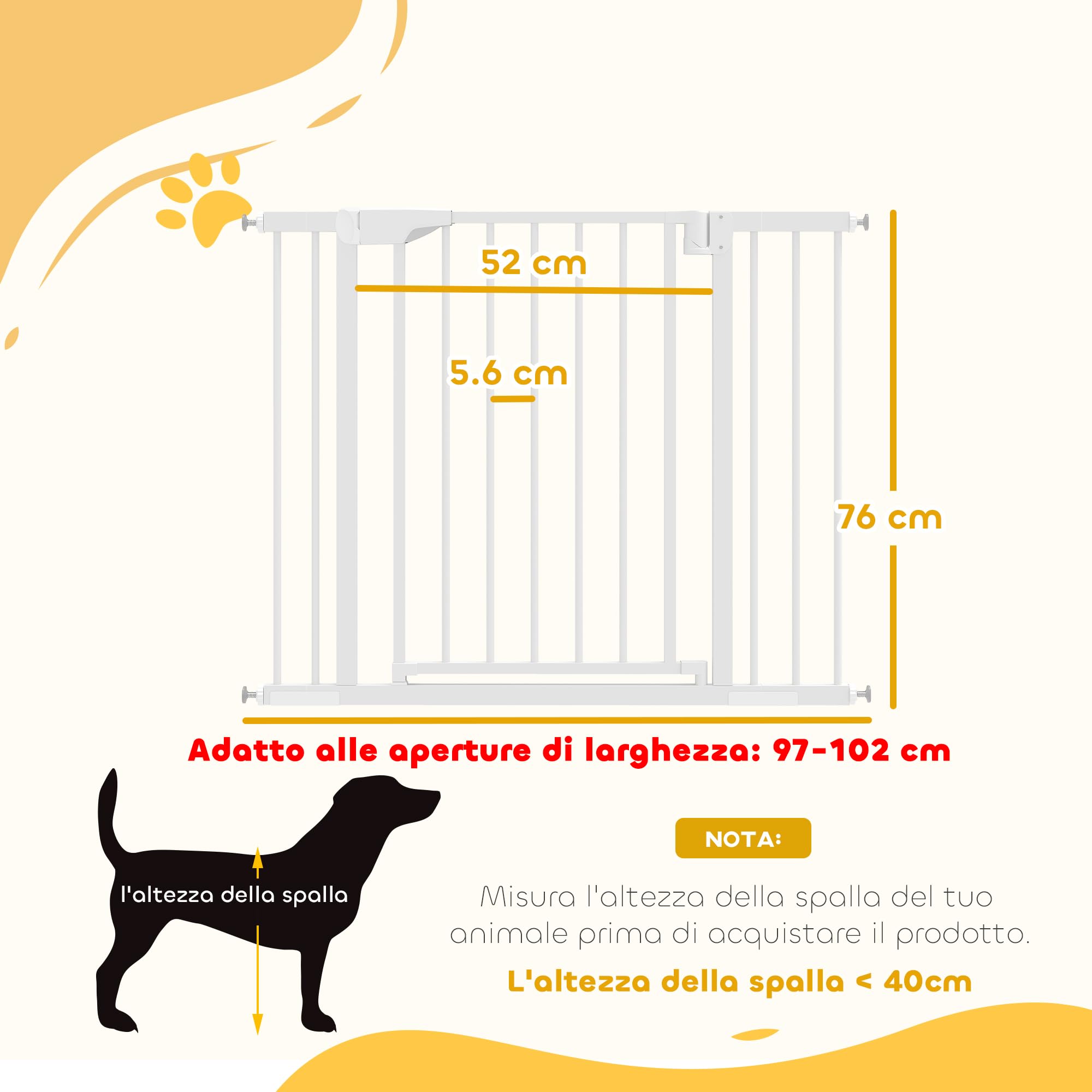 PawHut Cancelletto di Sicurezza per Bambini Cani, Estensibile 76-102 cm, Alto 76 cm, Cancellino per Cani, Scale Porte, Chiusura Automatica, Fissaggio a Pressione Senza Fori, Apertura a Due Vie, Bianco