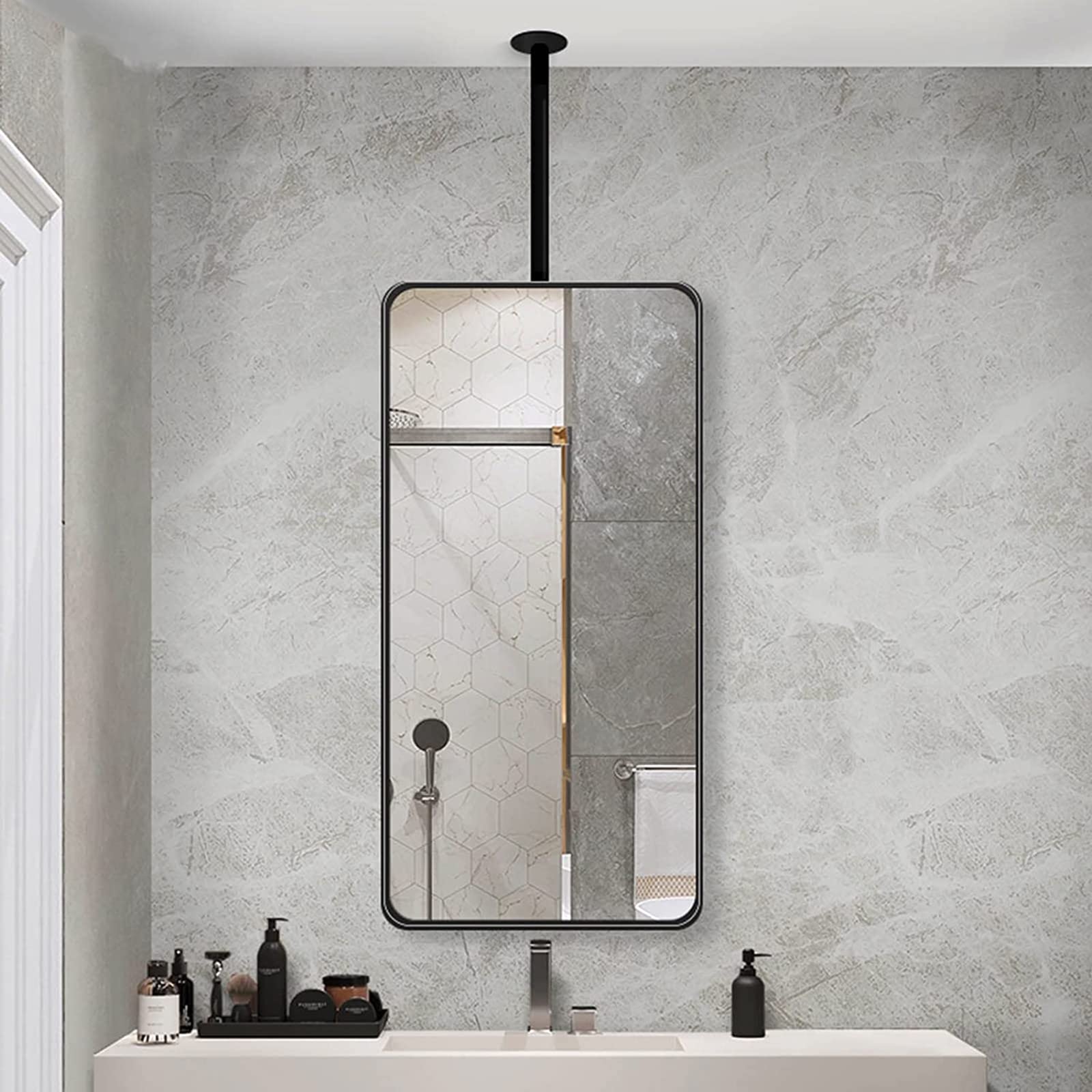Grand miroir carré 40x70cm avec tige de suspension en métal noir pour salle de bain