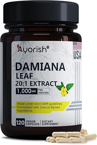 Extracto de hoja de damiana 20:1 | 1000 mg | 120 cápsulas de Damiana | Sin OMG, sin gluten | Suplemento orgánico de hierba de damiana y polvo de