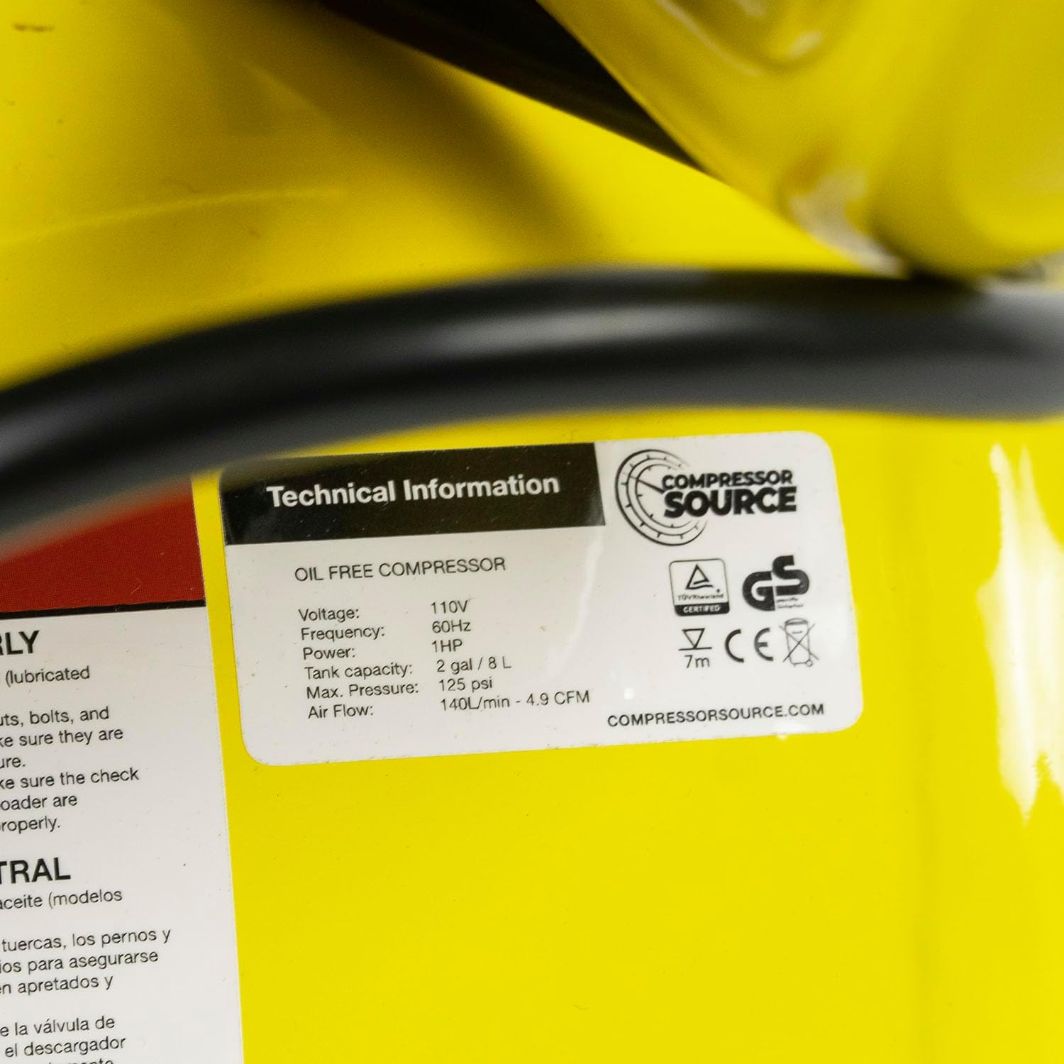 Compressor Source 2 Gallon Portable Air Compressor 4.9 CFM 125 PSI Max 1 HP Oil-Free 66dB Quiet