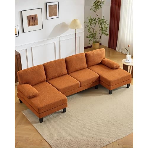 Karl home 110" U-Shape Sectional Couches for Living Room Chenille Upholstery 4 Seat Sofa Set with Double Chaises & Wood Grain Legs for Apartment, Orange