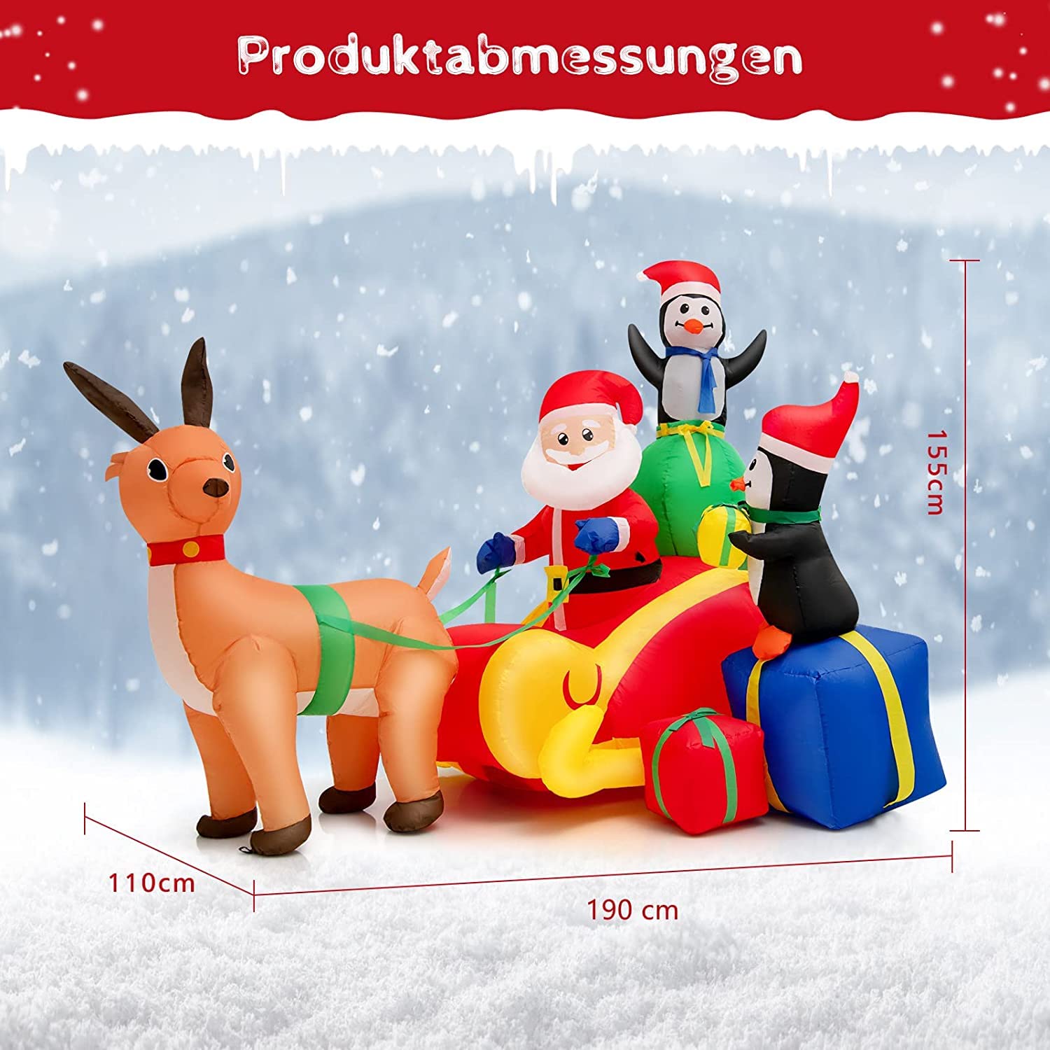 COSTWAY Aufblasbarer Weihnachtsmann mit Schlitten, LED Weihnachtsdekoration mit 2 Pinguinen, Geschenkboxen, Winterdekoration Weihnachtsbeleuchtung für Hof, Rasen, Garten, Party, Selbstaufblasend