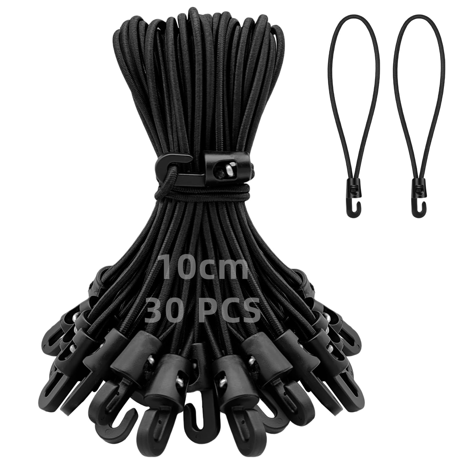 Obidodi Black 30Pcs Bungee Cords With Hooks, Elastic Short Bungee Ropes With Hooks, Small Tarpaulin Hooks (4 Inch)