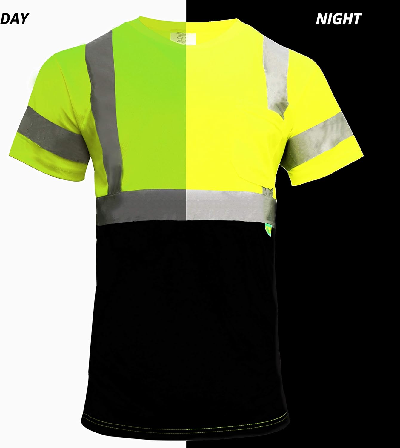 (Set of 5) BFS8512 Class 3 High Visible Short Sleeve Black Bottom Safety T-Shirts with 2 Inch Reflective Tape (Green, XL)