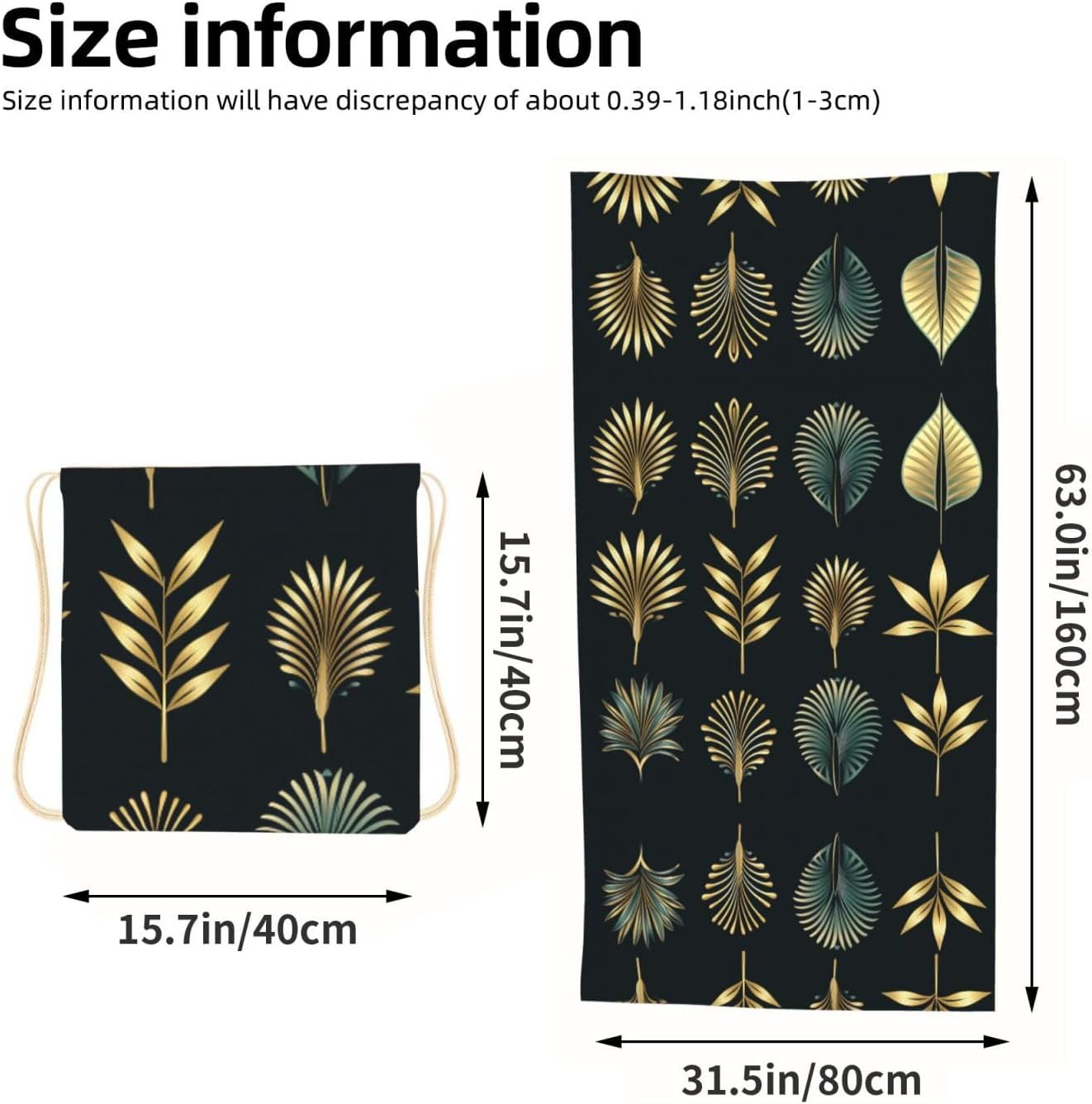 2 in 1 Packable Towel Bag,Soft Absorbent Pool Towels Backpack Quick Dry Lightweight Beach Towels Golden Palm Leaves Drawstring Bag for Travel Camping Sports Picnic image 3