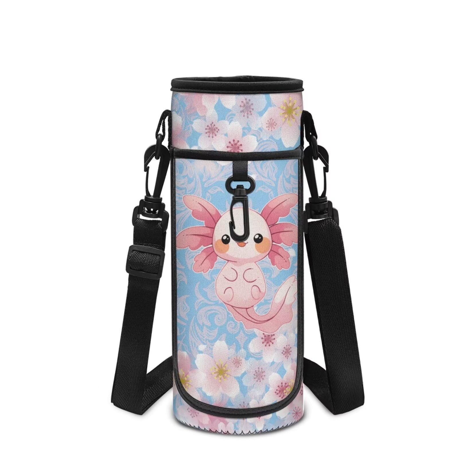 UOIMAG Cute Axolotl Water Bottle Holder for Girls Floral Cross Body Water Bottle Carrier with Shoulder Strap