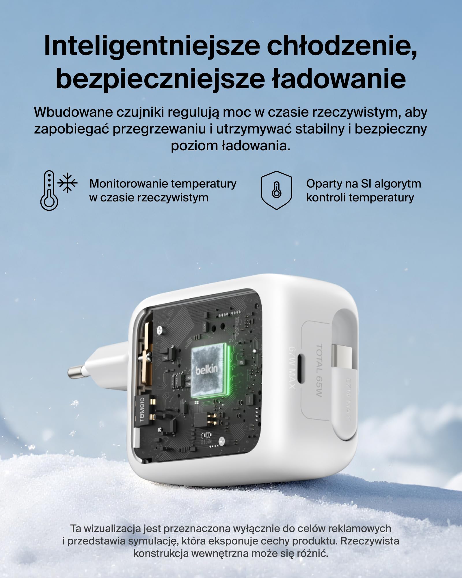 Belkin Ładowarka USB-C 67 W z Wysuwanym Kablem USB-C (1 m) i Portem USB C – Ładowarka GaN, Szybkie Ładowanie Urządzeń iPhone Serii 17 i 16, Galaxy Serii S26, AirPods, MacBook, Chromebook i Tabletów