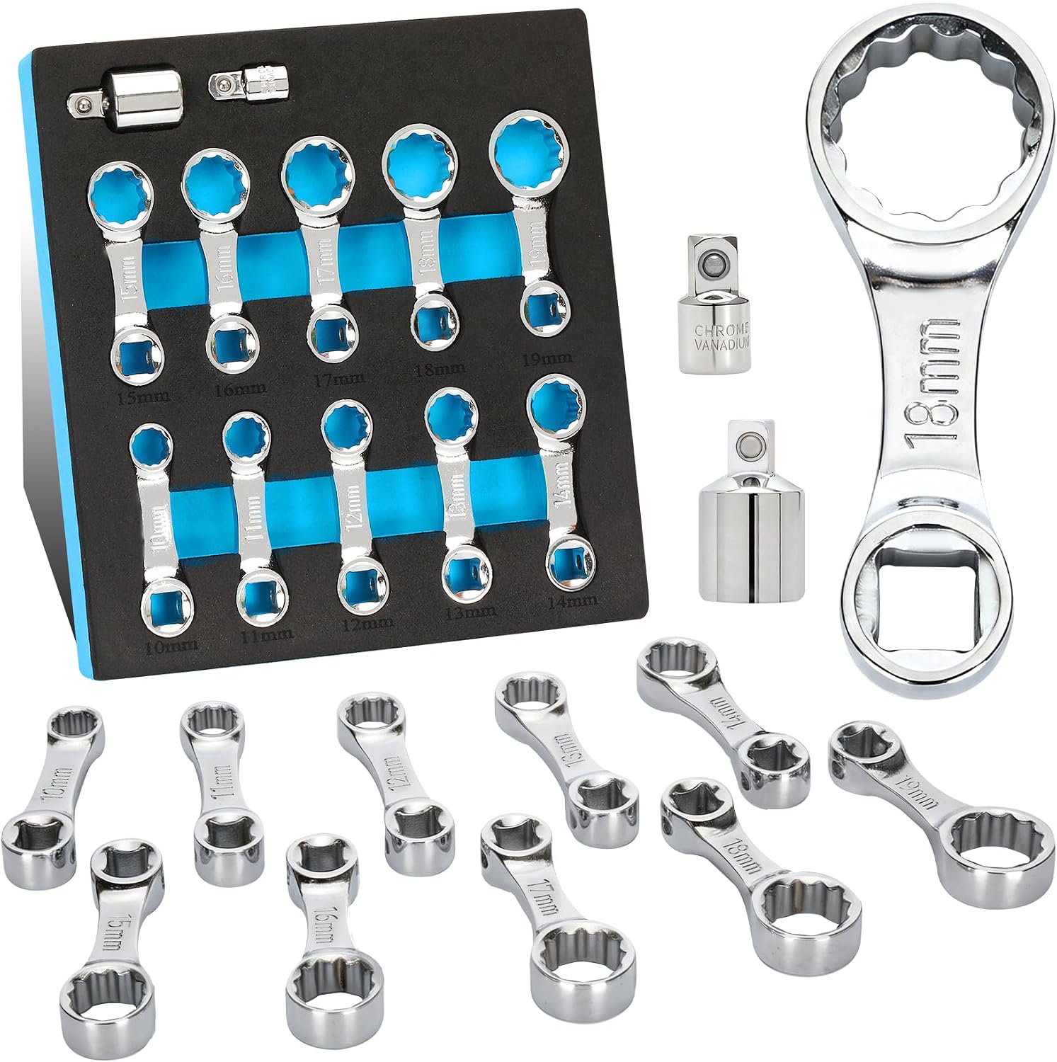 12PCS Torque Adapter Set Metric, 3/8" Drive Torque Wrench Extension Adapter | 12 Point Box End, Includes 10, 11, 12, 13, 14, 15, 16, 17, 18, 19mm, with 1/2" & 1/4" Adapters