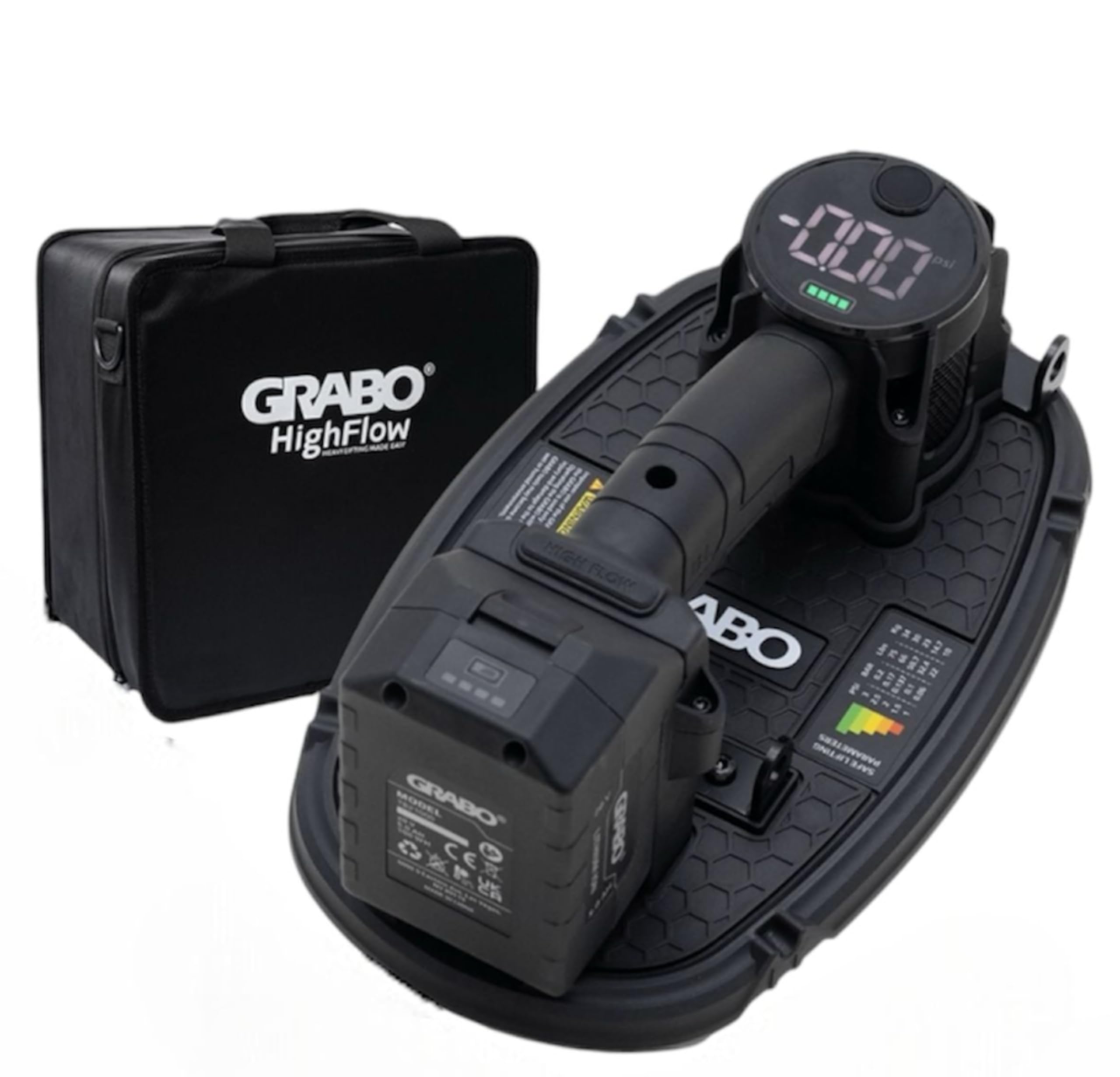 GRABO High-Flow Cordless Vacuum Lifter | 242 lbs Capacity | LED Pressure Display | Ergonomic Pistol Grip | SMART CUT Foam Seal | Lifts Porous