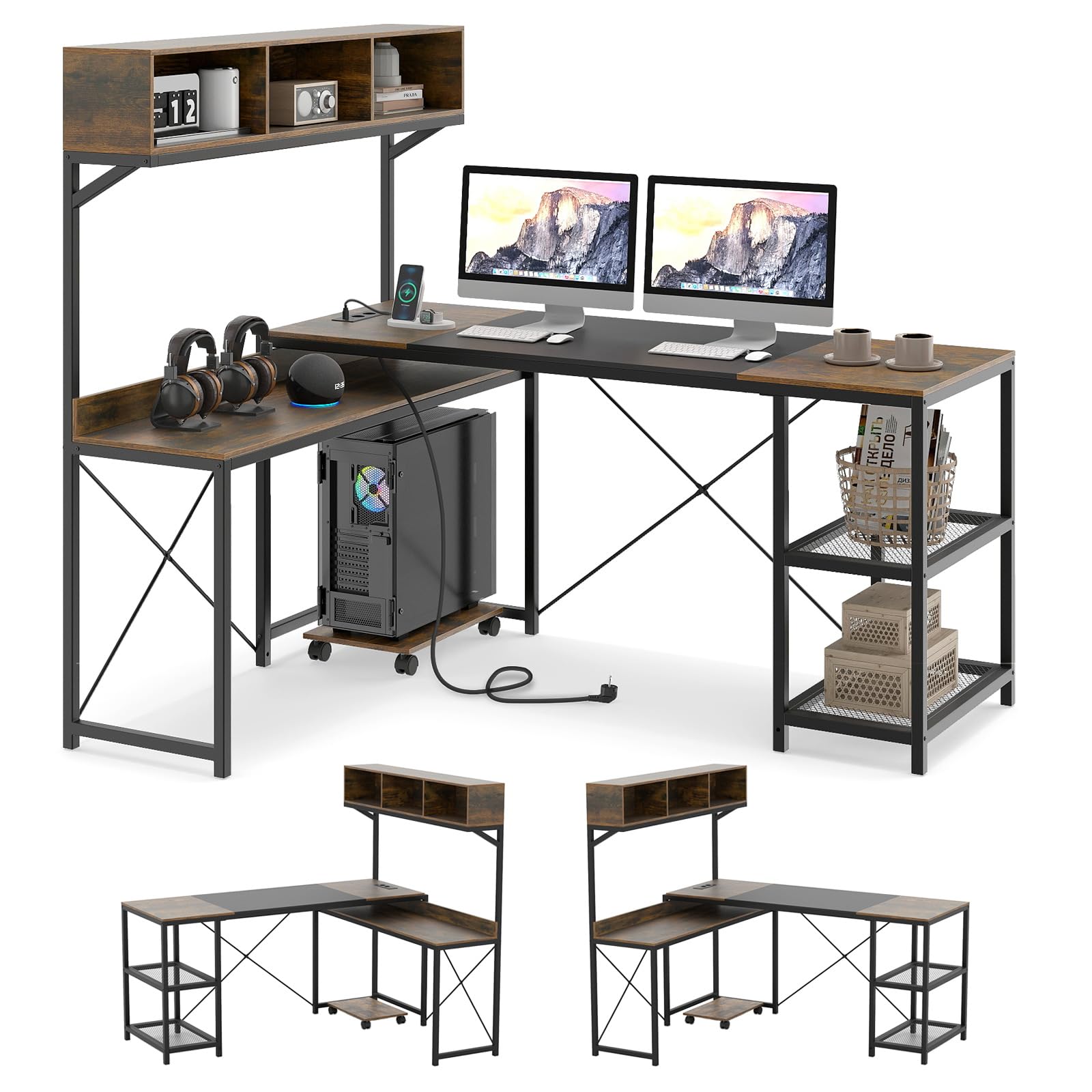 COSTWAY Scrivania Angolare con Stazione di Ricarica, Scrivania ad Angolo Salvaspazio con Scomparti, Ripiani e Supporto CPU Mobile, Postazione di Lavoro Gaming Reversibile per Casa e Ufficio