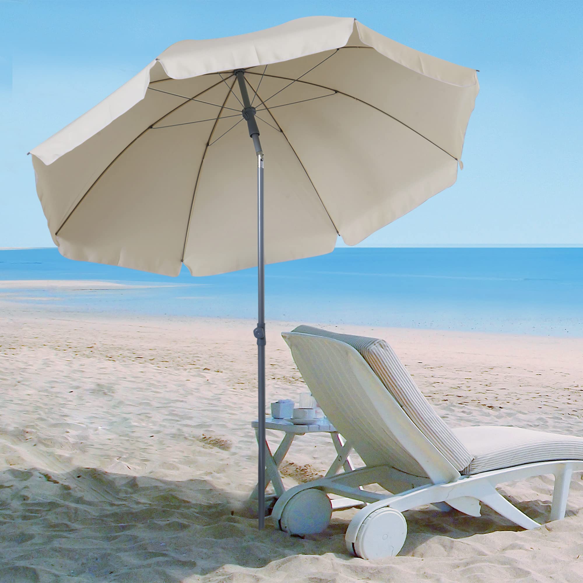 Outsunny Ombrellone da Spiaggia Ø2x2.3 m con Tettuccio Inclinabile, Ombrellone da Mare con 8 Stecche in Metallo e Poliestere, Bianco Crema