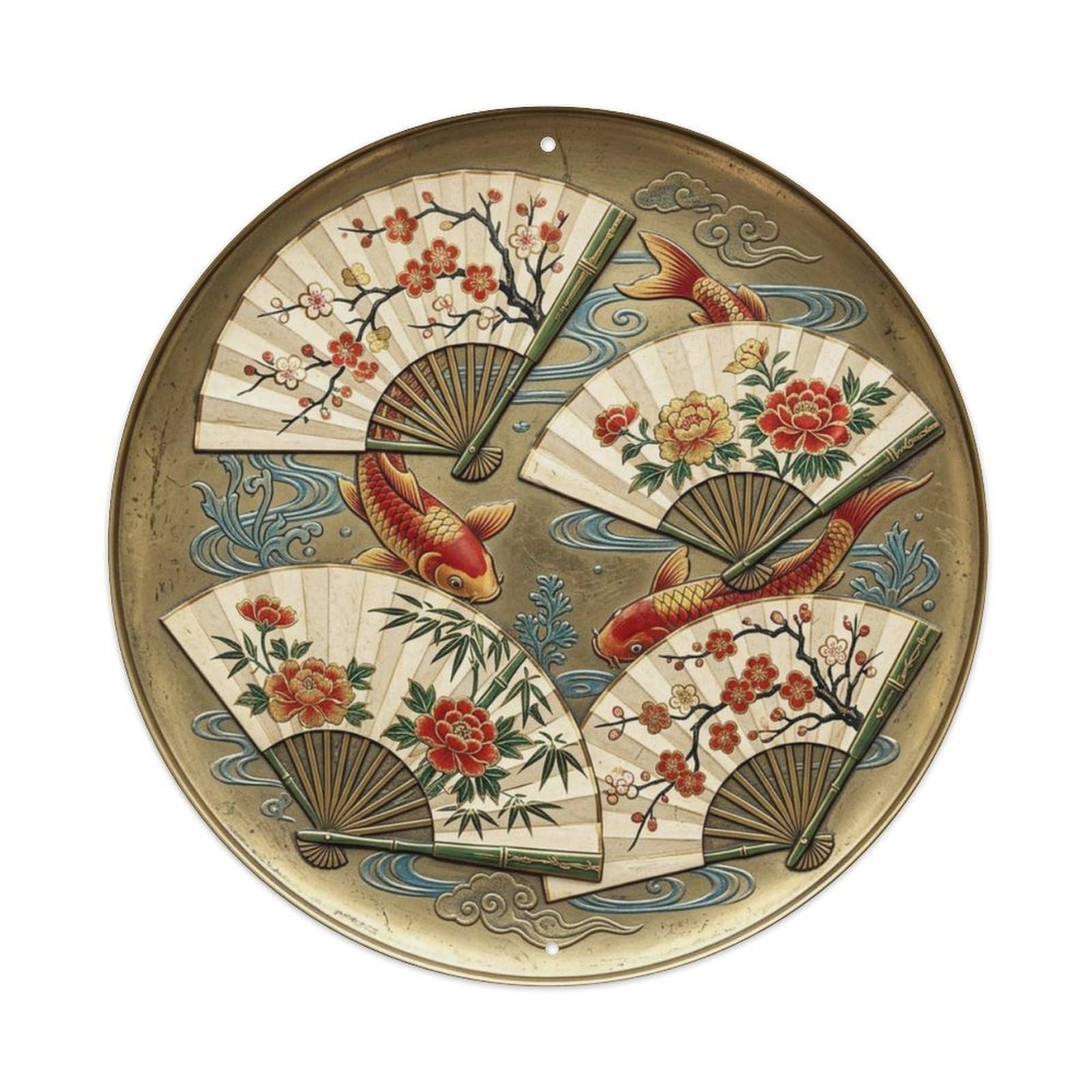 Paper Fan Parlor Koi Fish Metal Tin Sign Plaque Wall Decor for Cafe, Club Bar, Office, Home Garden Round Metal Poster 8x8Inch
