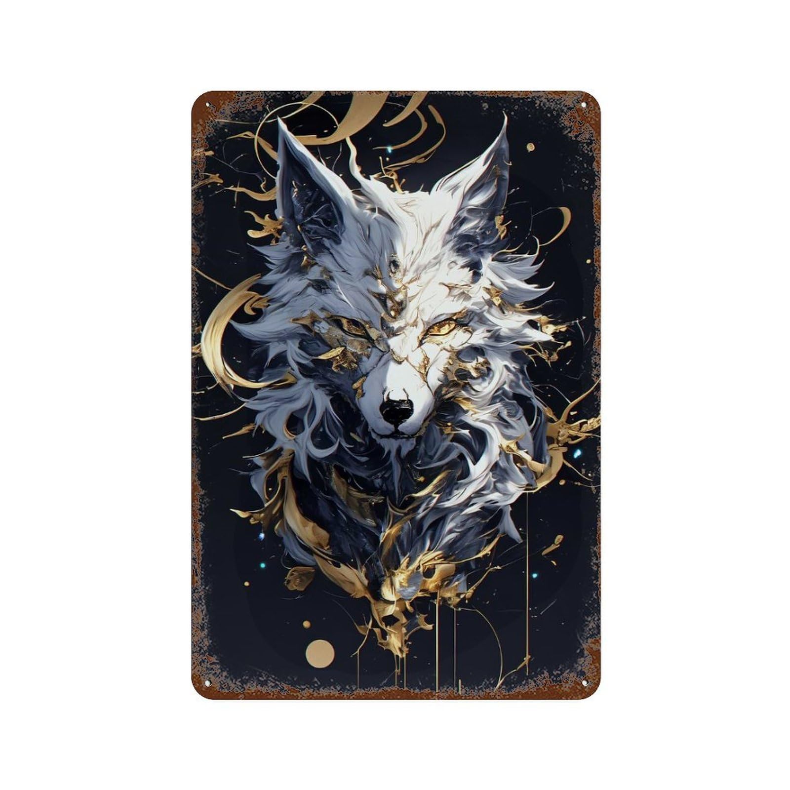 Abstract Wolf Portrait with Gold Accents Distressed Metal Wall Sign 11.8"x7.9", Rustic Home Decor for Living Room, Hallway And Home Decor