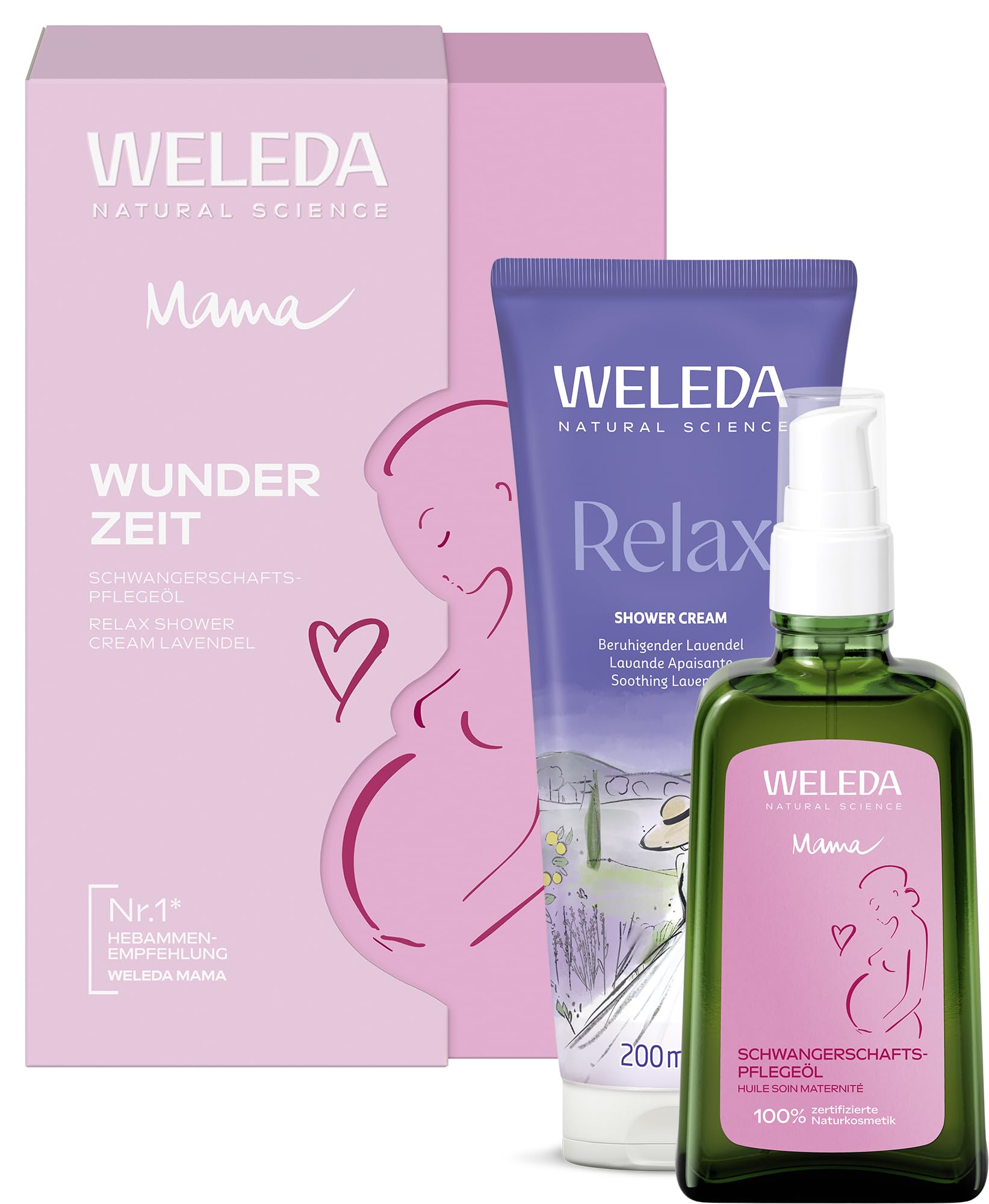 WELEDA Bio MAMA Geschenkset – Naturkosmetik Körperpflege Set mit Schwangerschaftsöl & Relax Lavendel Duschgel – Natürliches Anti Dehnungsstreifen Hautpflege Geschenk für werdende Mütter (vegan)