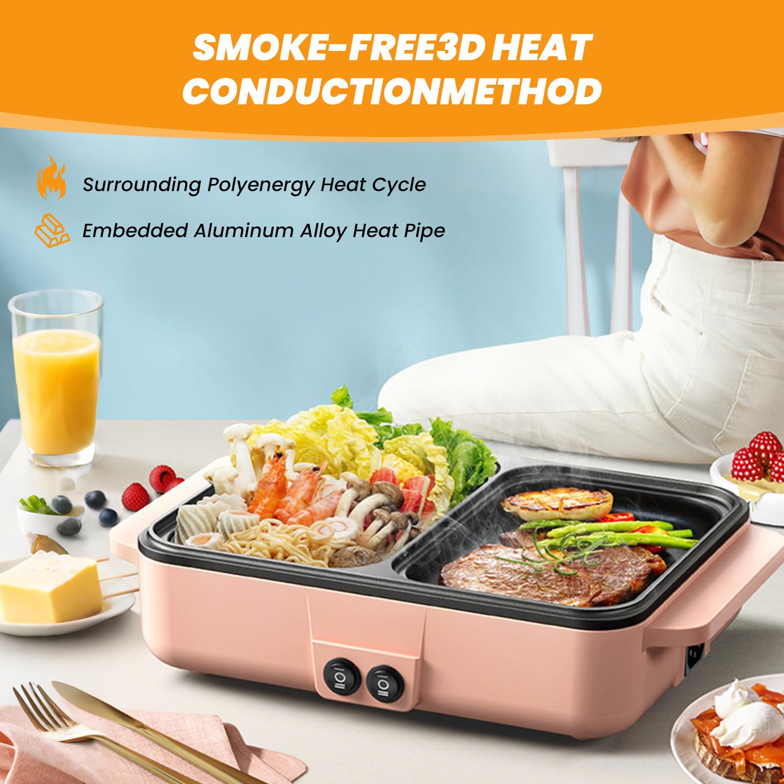 Topyond 1200 W Hot Pot i grill elektryczny, koreańska płyta elektryczna do grillowania, grill elektryczny z pokrywką, mały pot, 2 osoby, 220 V, dla rodziny i akademików