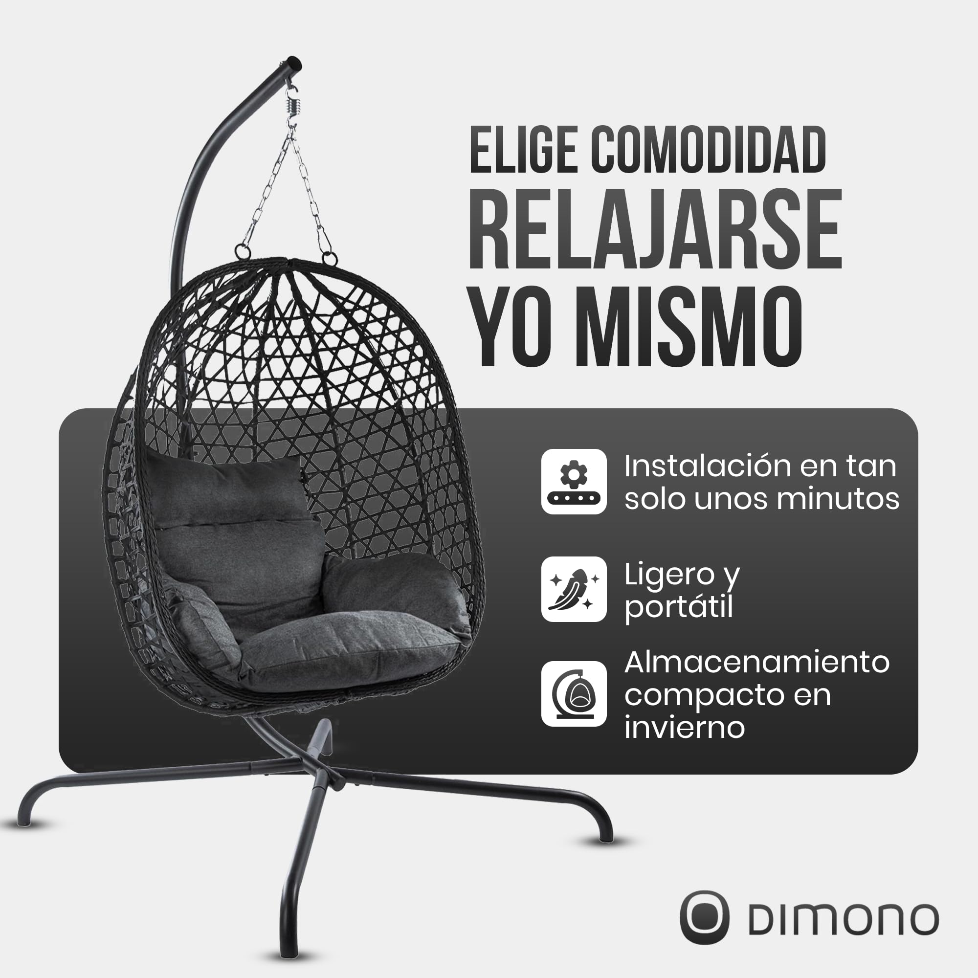 Silla Colgante con armazón; Tumbona suspendida de ratán para Exteriores e Interiores; Columpio Huevo Ideal para jardín, terraza, rincón de Lectura. Capacidad de Carga de 120 kg (Negro)