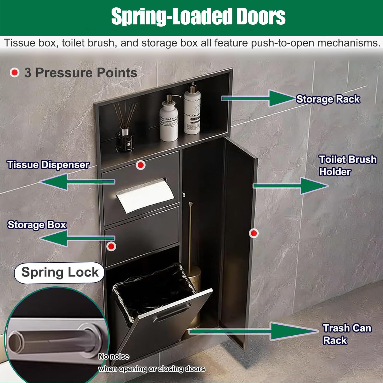 Dispensador de toallas de papel empotrado con cubo de basura y almacenamiento, dispensador de toallas de mano con gabinete de cepillo de inodoro para baño comercial de hotel, acero inoxidable
