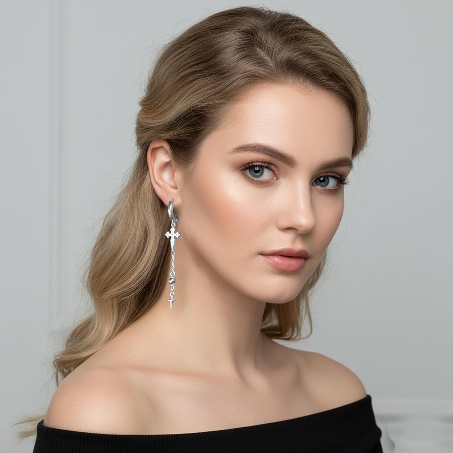 Rhodium Plated Shiny Rhinestone Huggie Hoop Dangle Cross Earrings for Women lightweight/Hypoallergenic With Small Ball Nickel Free Family Friends Gifts - Image 2