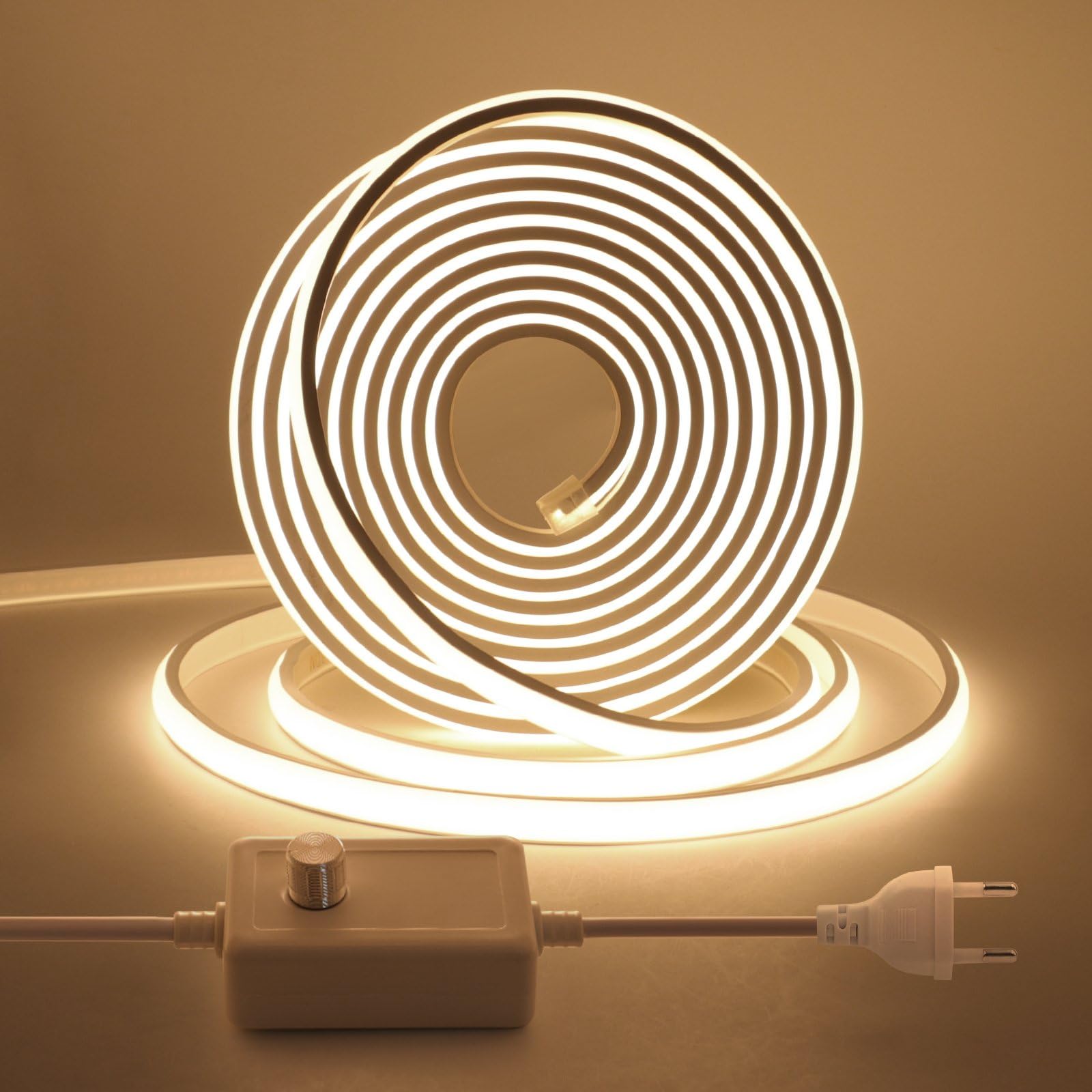 KISUFU 220 V Cinta LED COB, Flexible Led Banda Neon Diadema con Dimmer Impermeable IP65 LED Tira luminosa para dormitorio, jardín, techo decoración, 10 m, blanco natural