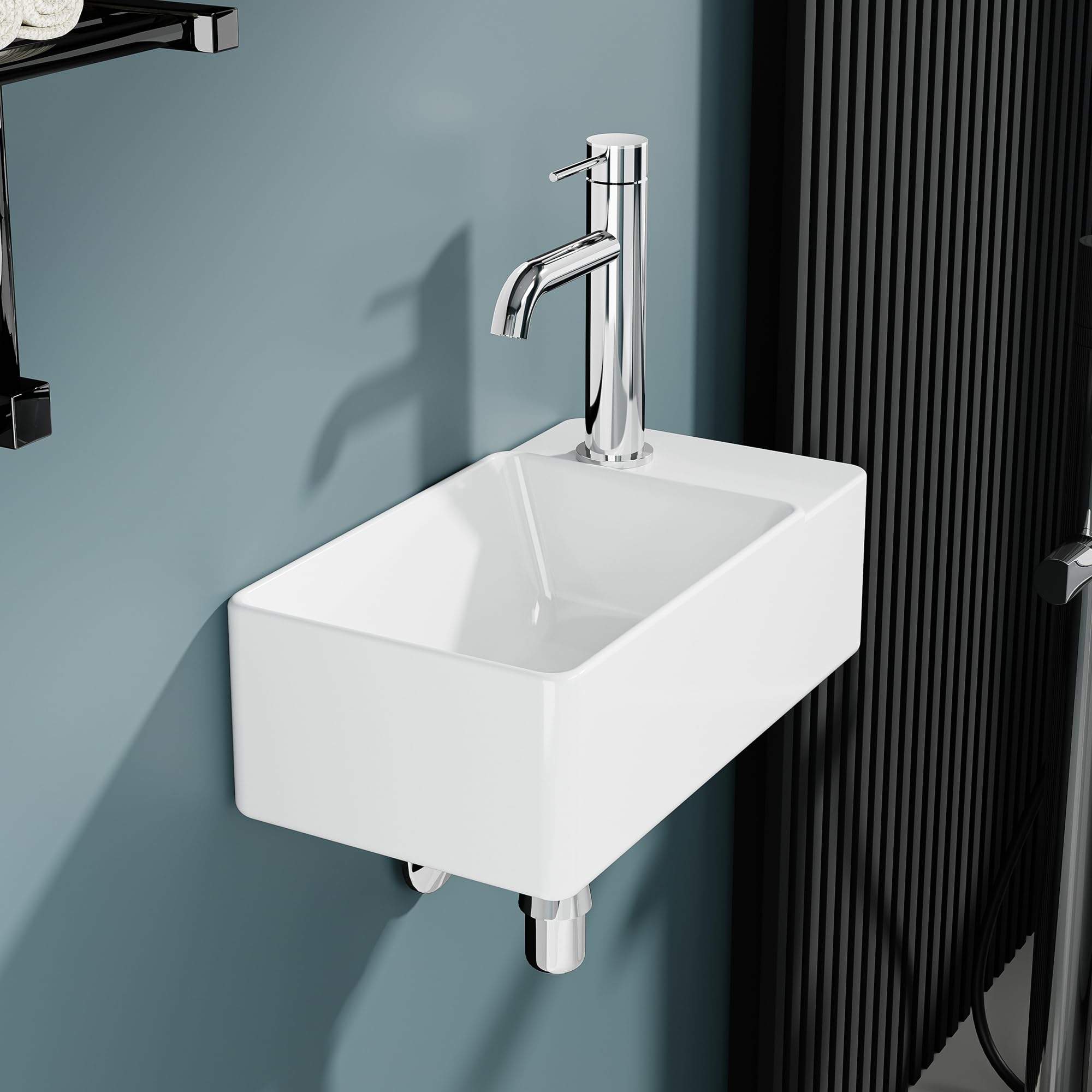 Lavapano rettangolare compatto in ceramica bianca – Lavabo da appoggio di piccole dimensioni, uscita destra – Lavabo design moderno per piccoli bagni e servizi igienici – 40 x 22 x 13 cm