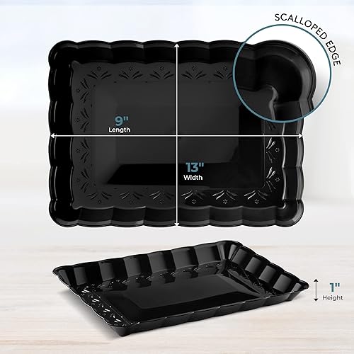 Miniatura 4 de Bandejas de plástico para servir de 9 x 13 pulgadas, paquete de 4 bandejas de fiesta negras duraderas - Bandeja desechable para servir alimentos -