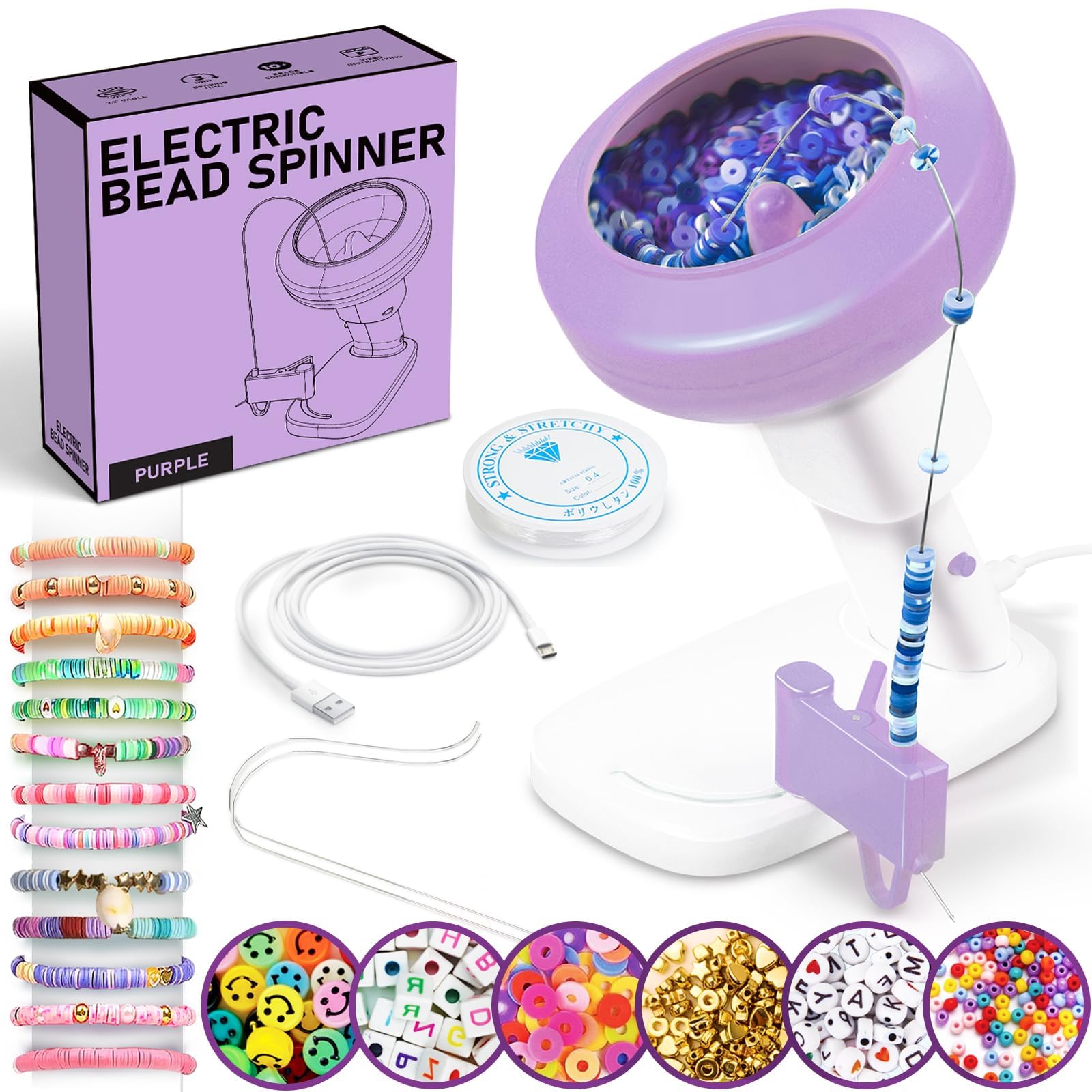 FUNZBOElectric Bead Spinner for Bracelet Making Kit, Clay Bead Bracelet Kit Essentials, Bead Spinner Needles Included, Easy Friendship Jewelry Bracelet Making, Applicable for Different Kind of Beads