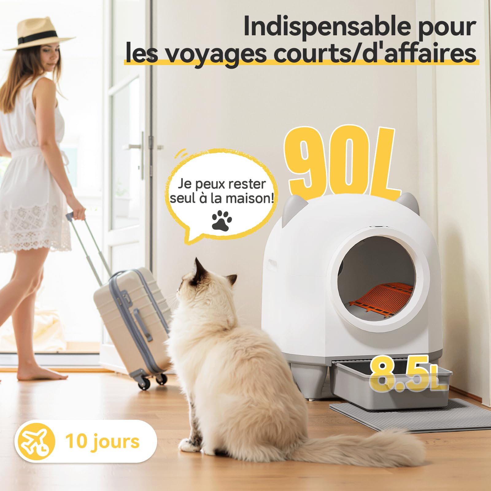 JUMMICO Bac à litière automatique autonettoyant 90L XXL, Contrôle intelligent par application, Système de sécurité anti-pincement, Surveillance de la santé, Double élimination des odeurs, Avec tapis à