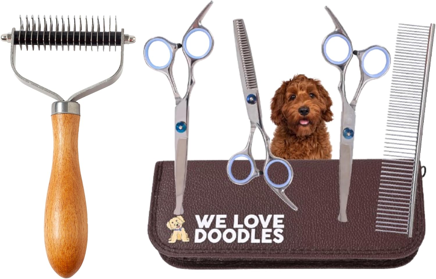 We Love Doodles Rounder Tips Dog Grooming Scissors Kit & Dog Dematting Comb - Straight, Curved & Thinning Shear Professional Grade Steel, Dog Deshedding Brush, Undercoat Rake for Dogs with Wood Handle