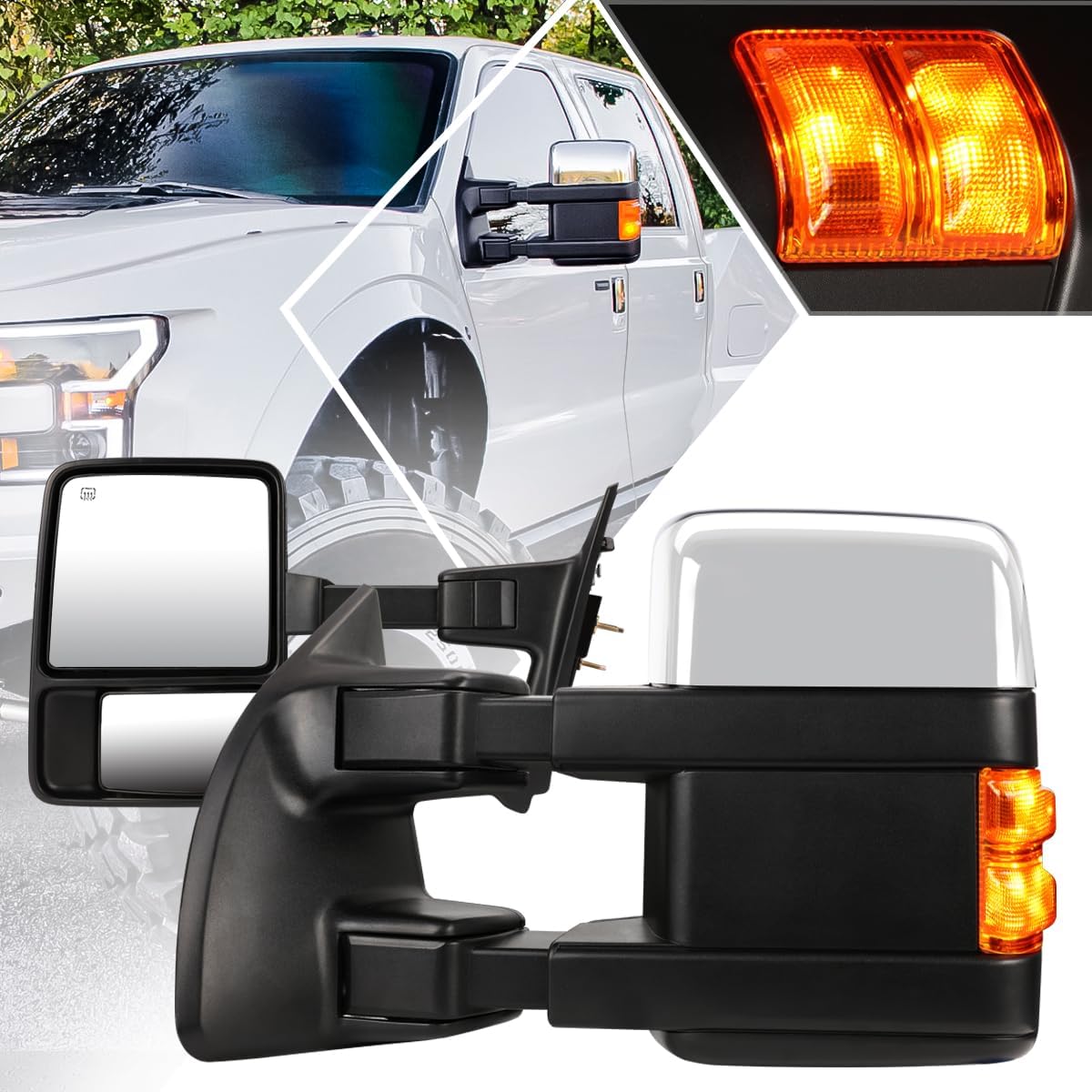 [Pair] Power Heated Tow Towing Mirrors Side Mirrors w/Amber LED Signal Compatible with Ford Super Duty 08-16,Chrome
