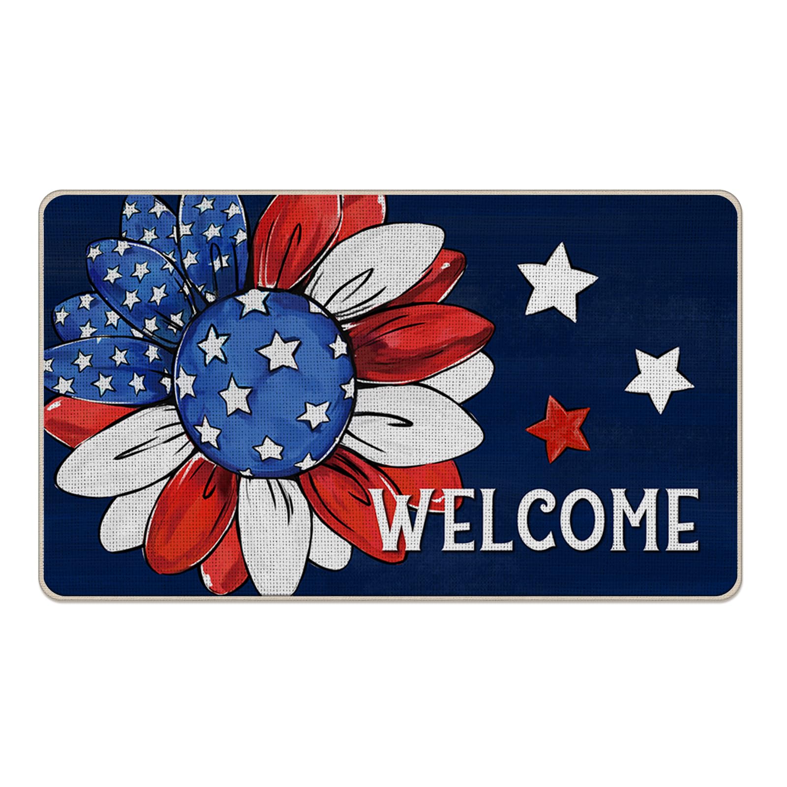 Tailus Welcome 4th of July Sunflower Patriotic Decorative Front Door Mat, America Floral Flower Doormat Indoor Outdoor Non-Slip Floor Entryway Rug,