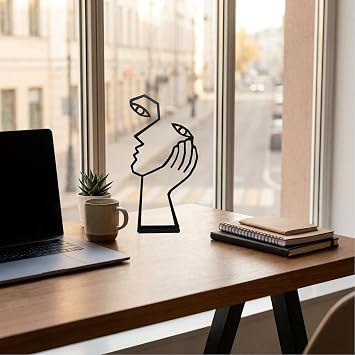Thinker Statue Abstract Art Sculpture Home Decor, Metal Creative Face & Hand Abstract Statues Silence is Golden Abstract Art Figurine, for Home Office Desktop Bookshelf Decor (Metal, Black)