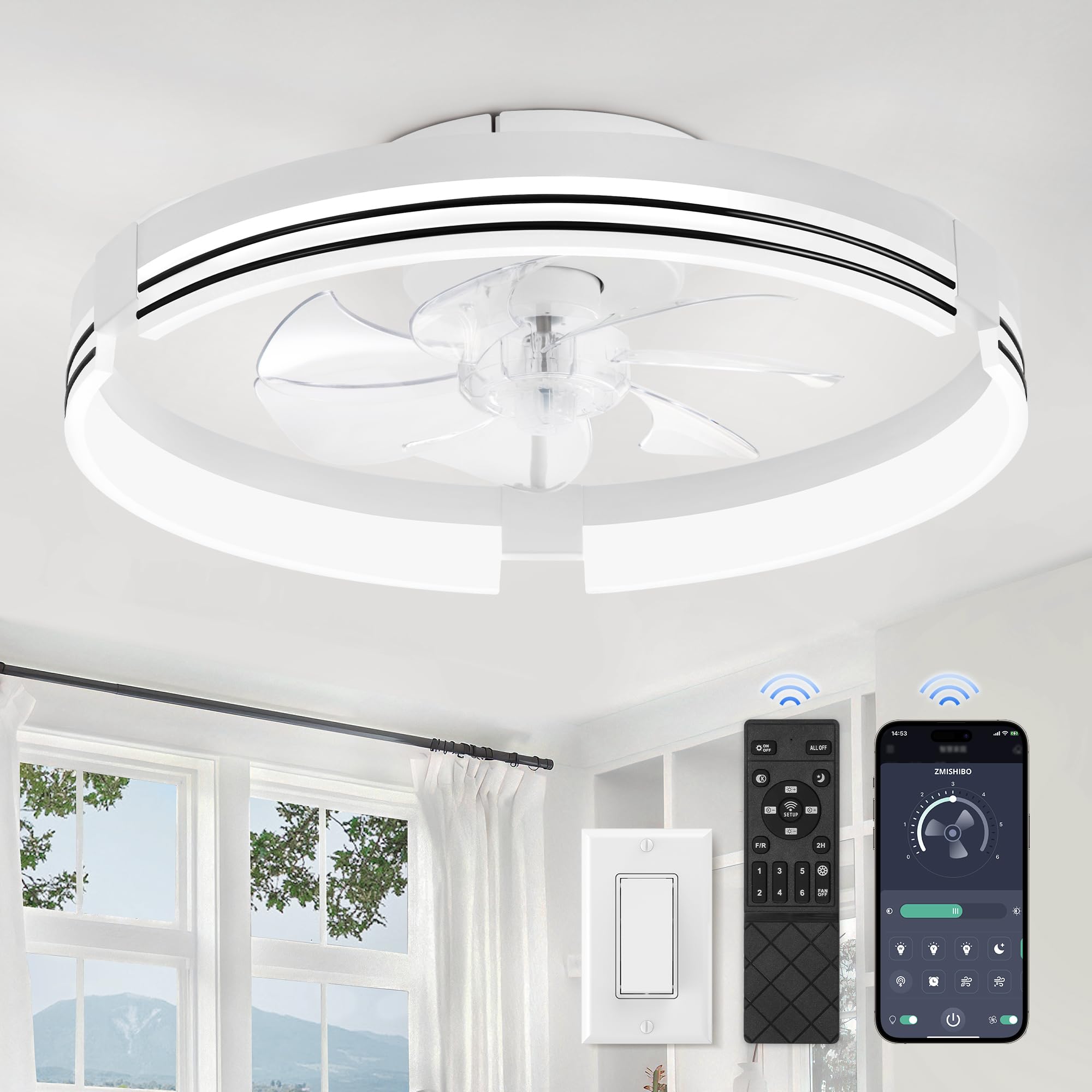 ZMISHIBO Low Profile Ceiling Fans with Lights and Remote, 20 Inch Flush Mount Ceiling Fan with Light, 3000K-6000K Dimmable Fandelier LED Fan Light, 6 Wind Speeds White Ceiling Fans for Bedroom