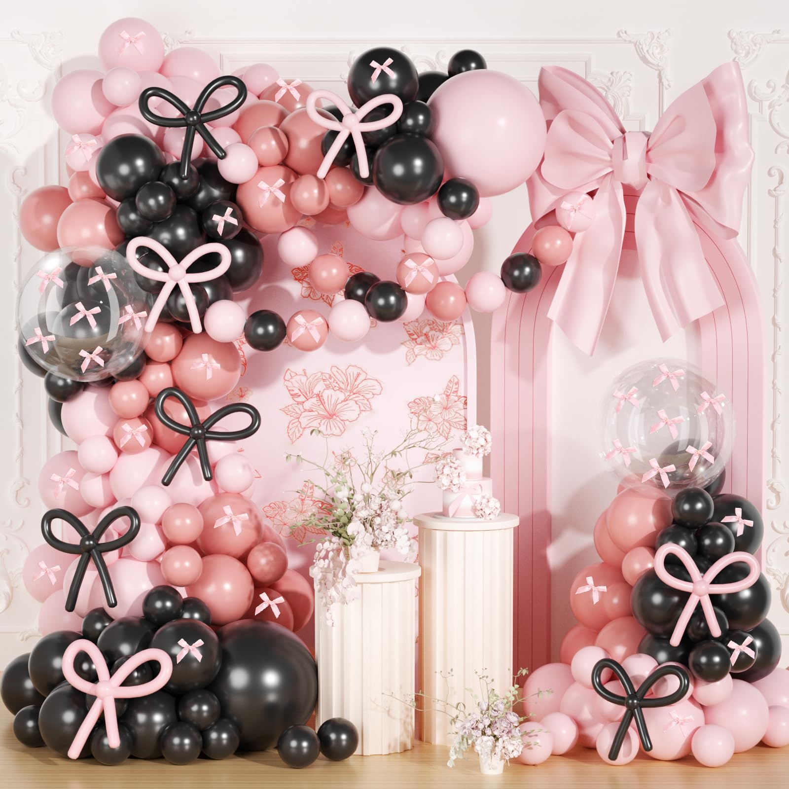 Pink and Black Bow Balloon Arch Kit, JOGAMS 199Pcs Pink and Black Birthday Decorations with 260 Clear Balloons Ribbon Bow for Coquette Bow Theme Birthday Bachelorette Baby Shower Bridal Shower Wedding