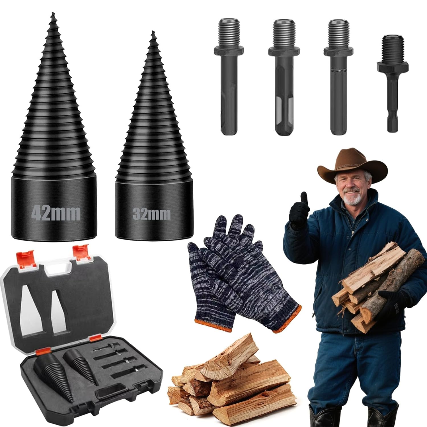 Firewood Drill Bit Set, Wood Log Splitter Firewood Drill Bit, 42mm/32mm Wood Splitter Drill Bits, Log Splitter Drill Bits with Anti-Slip Gloves and 4 Drilling Handles, for Dry Soft Woods (Set-B)
