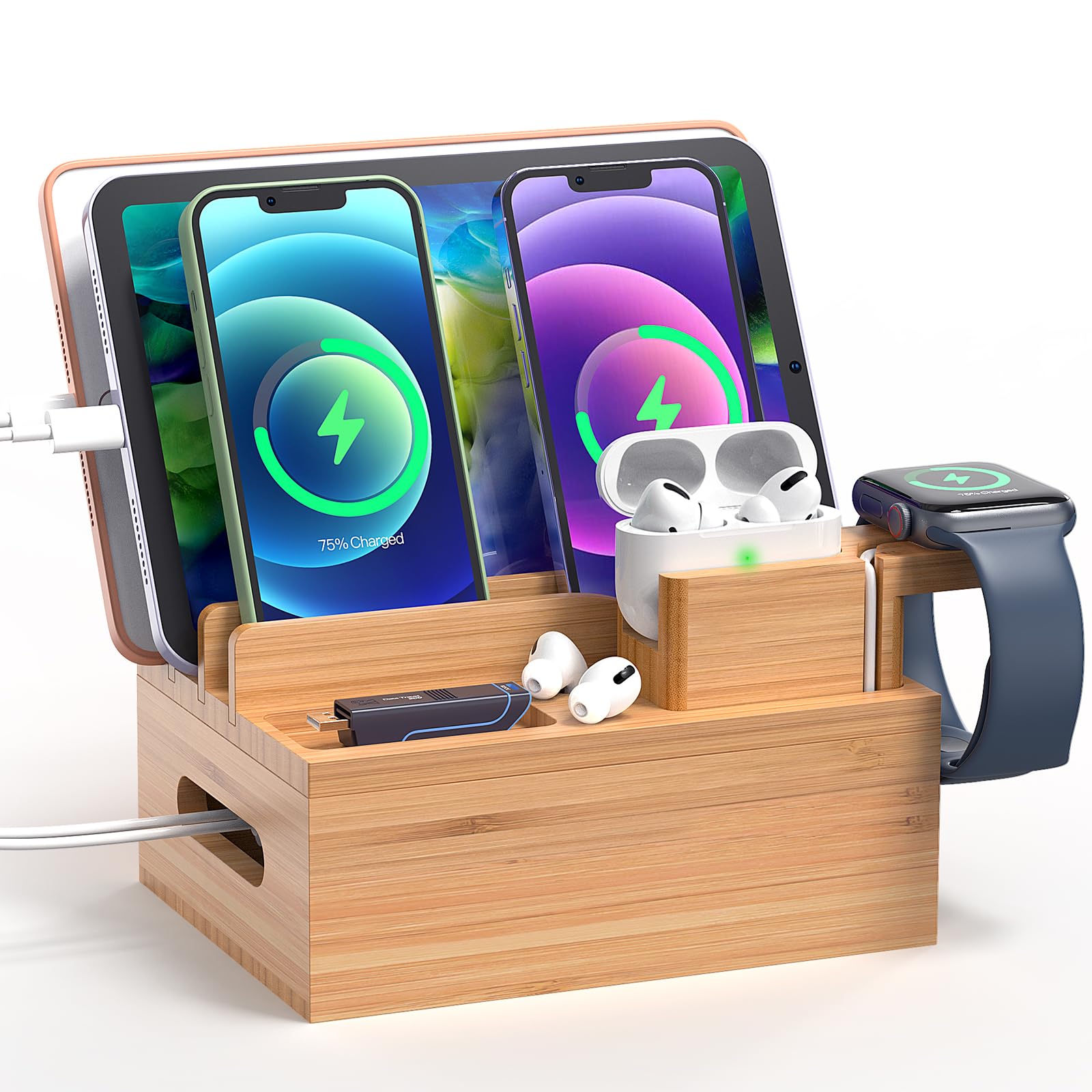 Pezin & Hulin Bamboo Charging Station for Multiple Devices Electronic Docking Station Organizer for Phone, Watch, Earbuds, Tablet (No Power Supply)