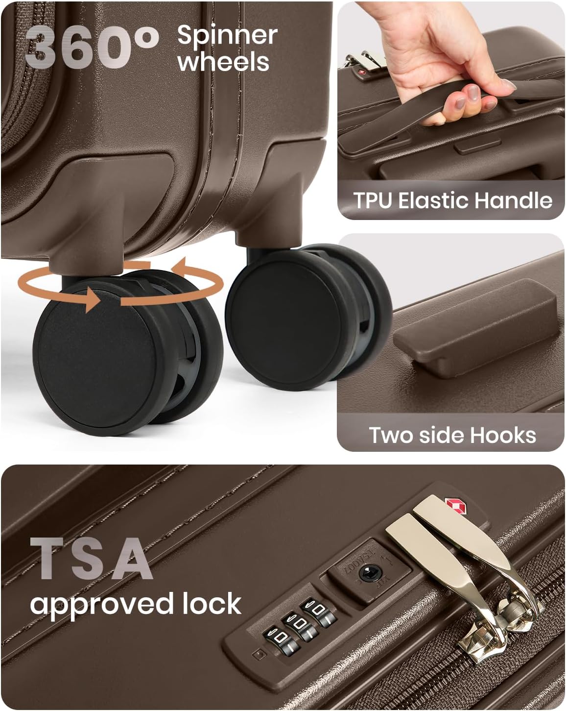 Joyway Luggage Set 3 Piece Top Opening Suitcase Set with Spinner Wheel and TSA Lock, PC Hard Shell Carry on Luggage with Front Pocket for Woman Men (Coffee)