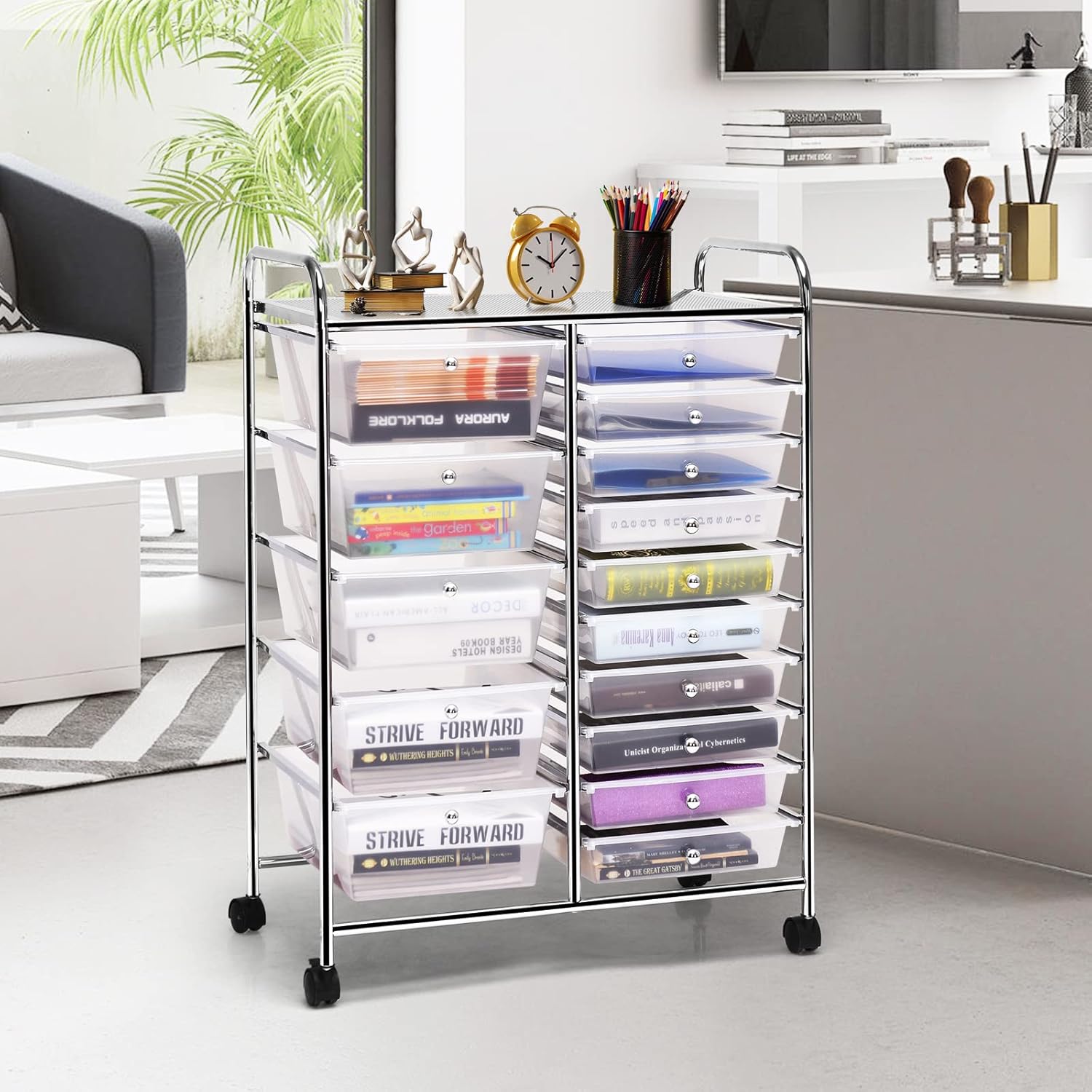 Nightcore Rolling Storage Cart w/ 15 Drawers, Multipurpose Craft Storage Cart w/Lockable Casters, Rolling Cart Organizer for Tools, Scrapbook & Paper, Utility Cart for Home, Office & School