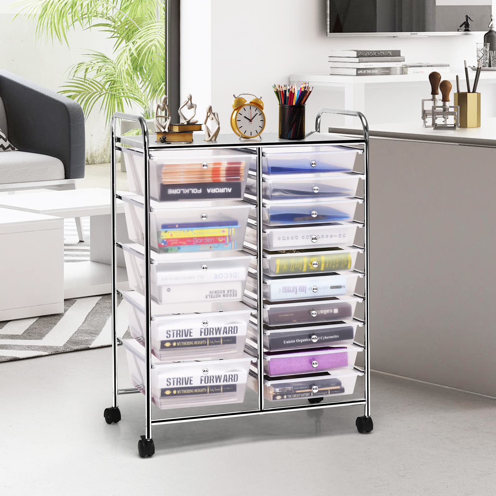 GYMAX Carrello Portaoggetti con 15 Cassetti Staccabilea, Carrellino Salvaspazio con Ruote, per Uffici, Parrucchieri, Studio, Soggiorno, 62,5 x 37 x 87 cm (TRASPARENTE)