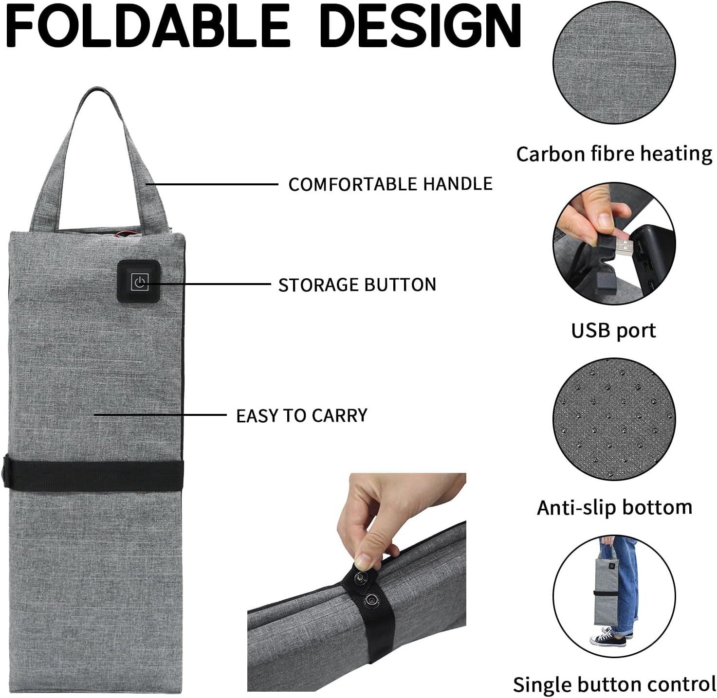 Portable Stadium Seat Cushion, Foldable Cordless Heating Pad, Lightweight USB Heated Stadium Seats for Bleachers, 3 Gears Adjustable Heated Camping Chair with Pocket for Indoor, Outdoor, Grey