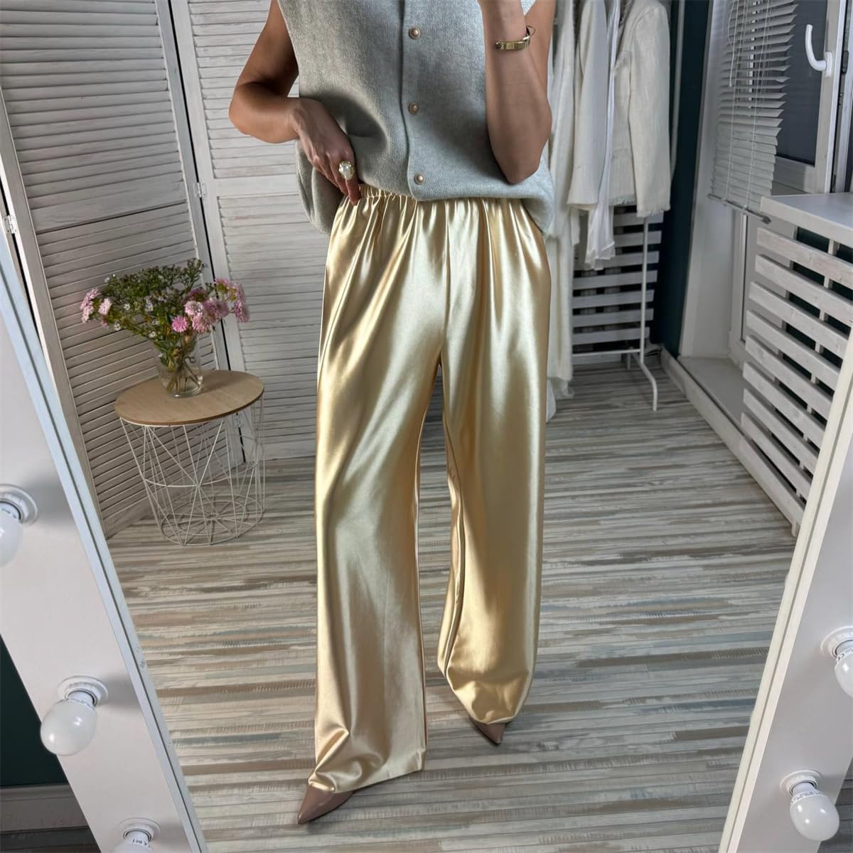 Women Satin Wide Leg Dress Pants Silk Casual Dressy Long Flowy Pants Elastic High Waisted Trousers - Image 3