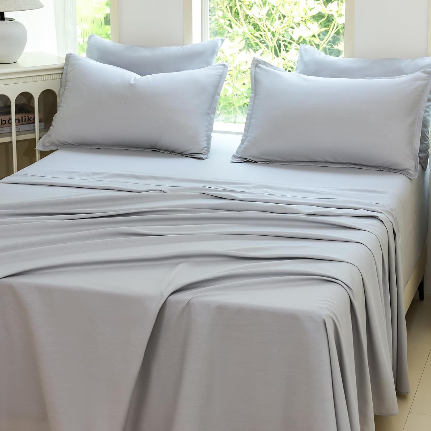 Gray Cotton Bed Sheet Set, Queen Size- Lyocell Blend Cooling Breathable Bed Sheet, Hypoallergenic, 16-inch deep Pocket,All-Season,4 Pieces