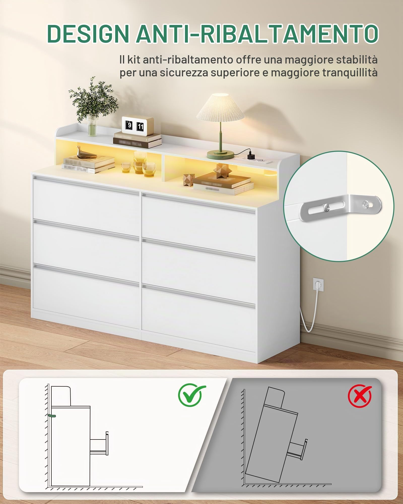 Hzuaner Cassettiera con LED e Presa Multipla, Mobile con Cassett, 6 Cassetti, Piano Superiore Portaoggetti sulla Cassettiera, per Camera da letto, Armadio e Ingresso 40 x 140 x 95 cm Bianco 1214003XEU