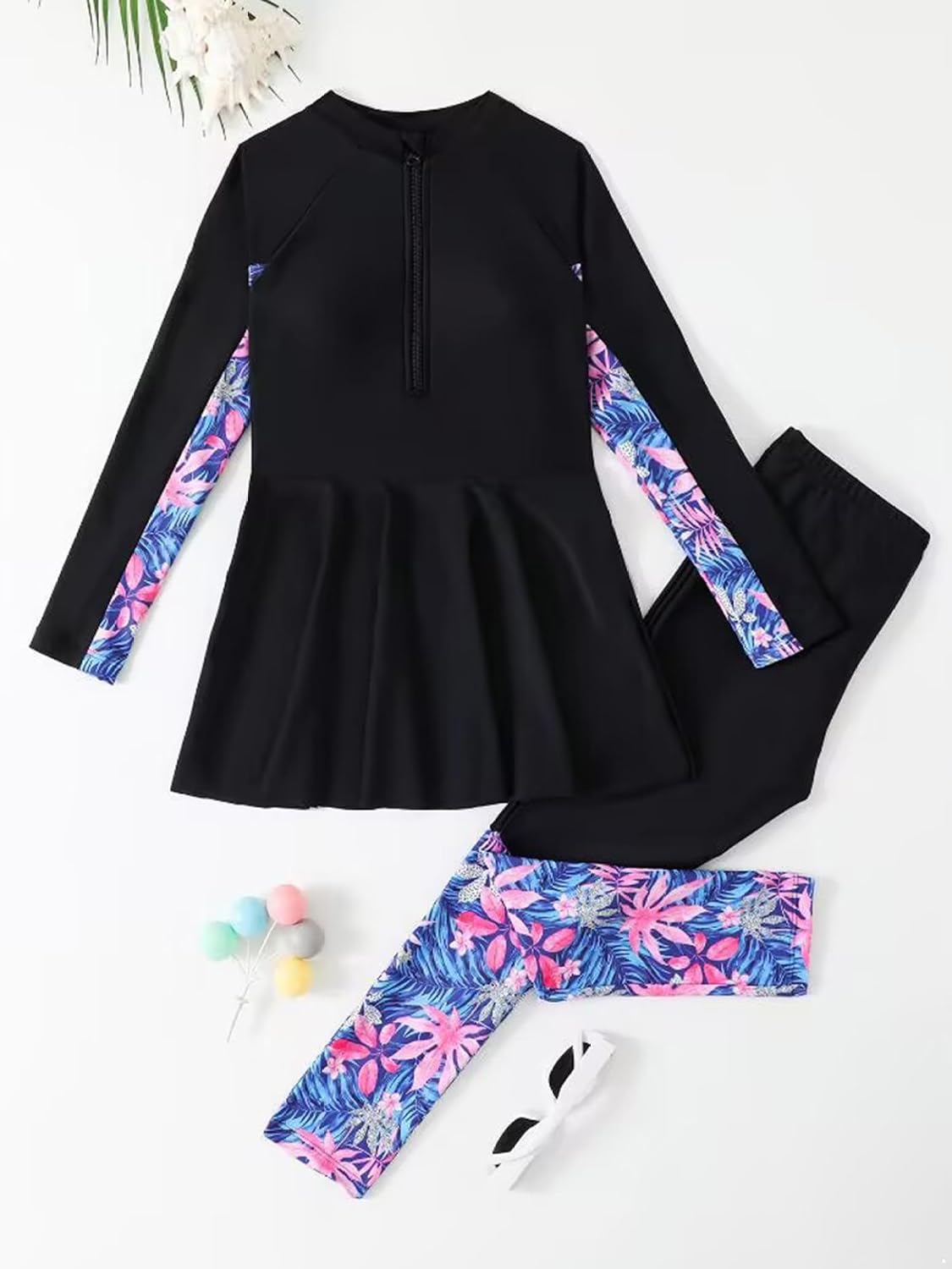 2Pcs Girls Swim Dress Set Rash Guard Swimsuit Sun Protection UPF50+ Swimwear for Surfing