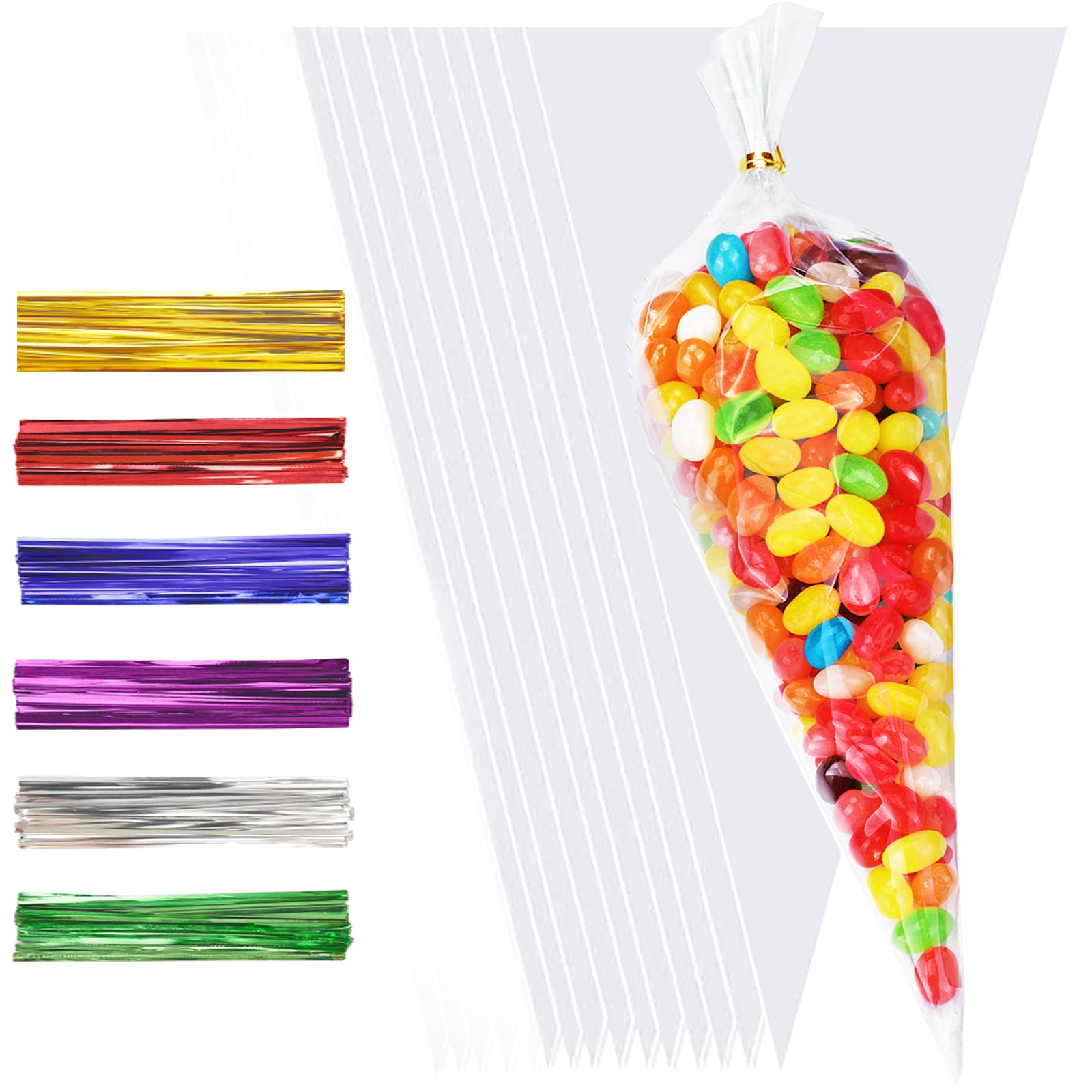 100pcs Sweet Cone Bags,Sweet Cones Bags with 100pcs Colorful Ties and 100 Sil...