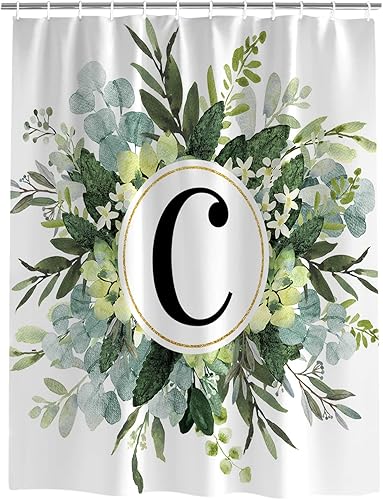 Miniatura 2 de Cortina de ducha, diseño de letras C de granja con corona de eucalipto en acuarela, juego de cortina de ducha de tela impermeable con 12 ganchos,